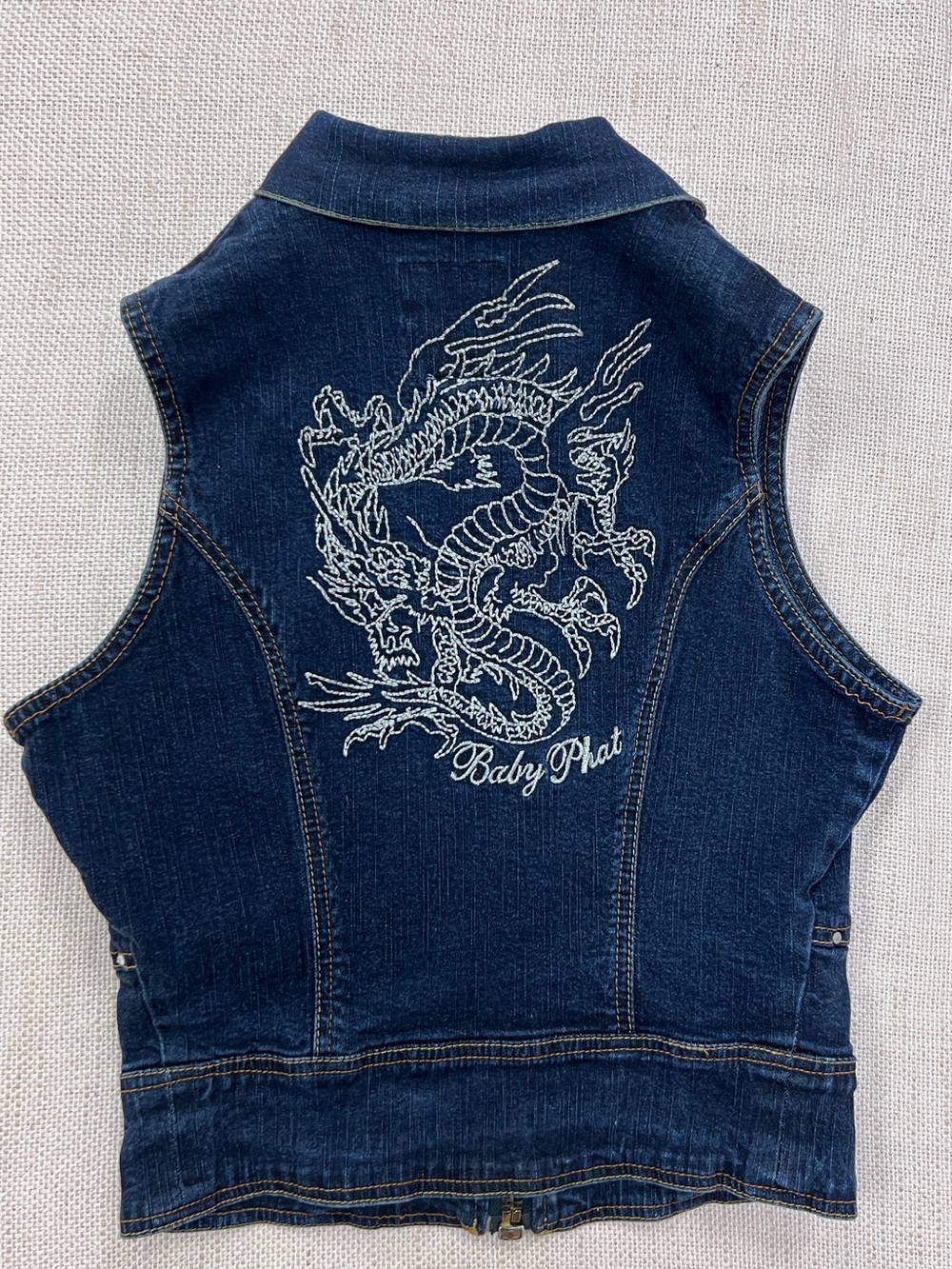 Baby Phat Denim Vest Dragon Embroidered Zip Up Size M Y2K